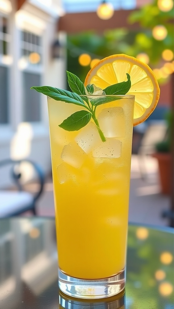 Tequila Lemon Basil Fizz cocktail in a glass with ice, garnished with basil and lemon, on an outdoor patio.